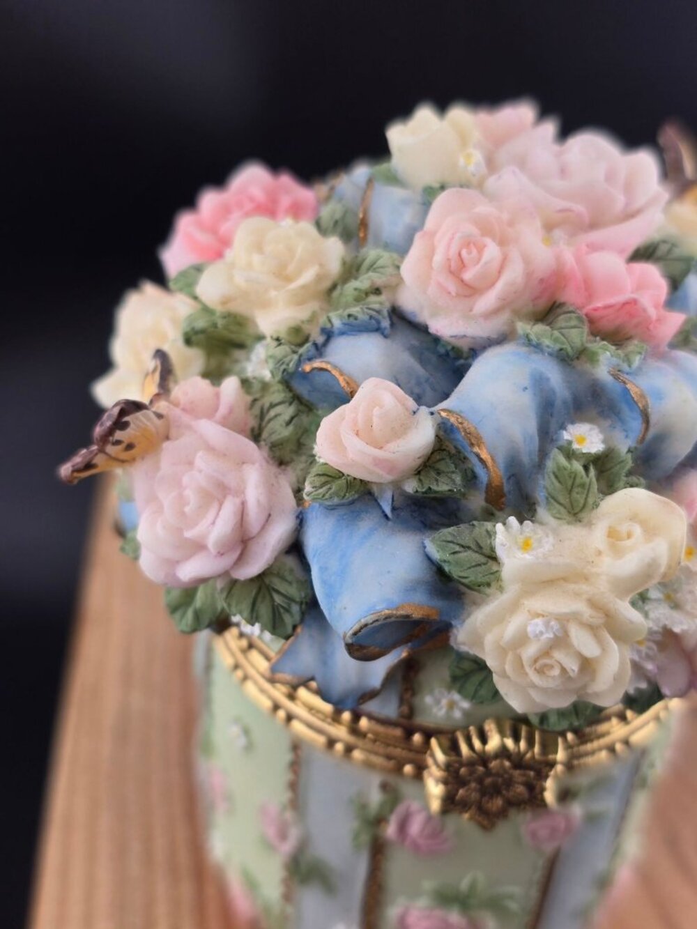 Flower and Butterfly Porcelain Trinket Box 3" Tall READ - Picture 2 of 16